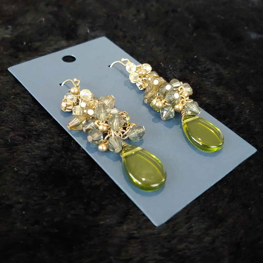 Vintage Cluster Earrings, Green/Shades Of Green, Clear Beads